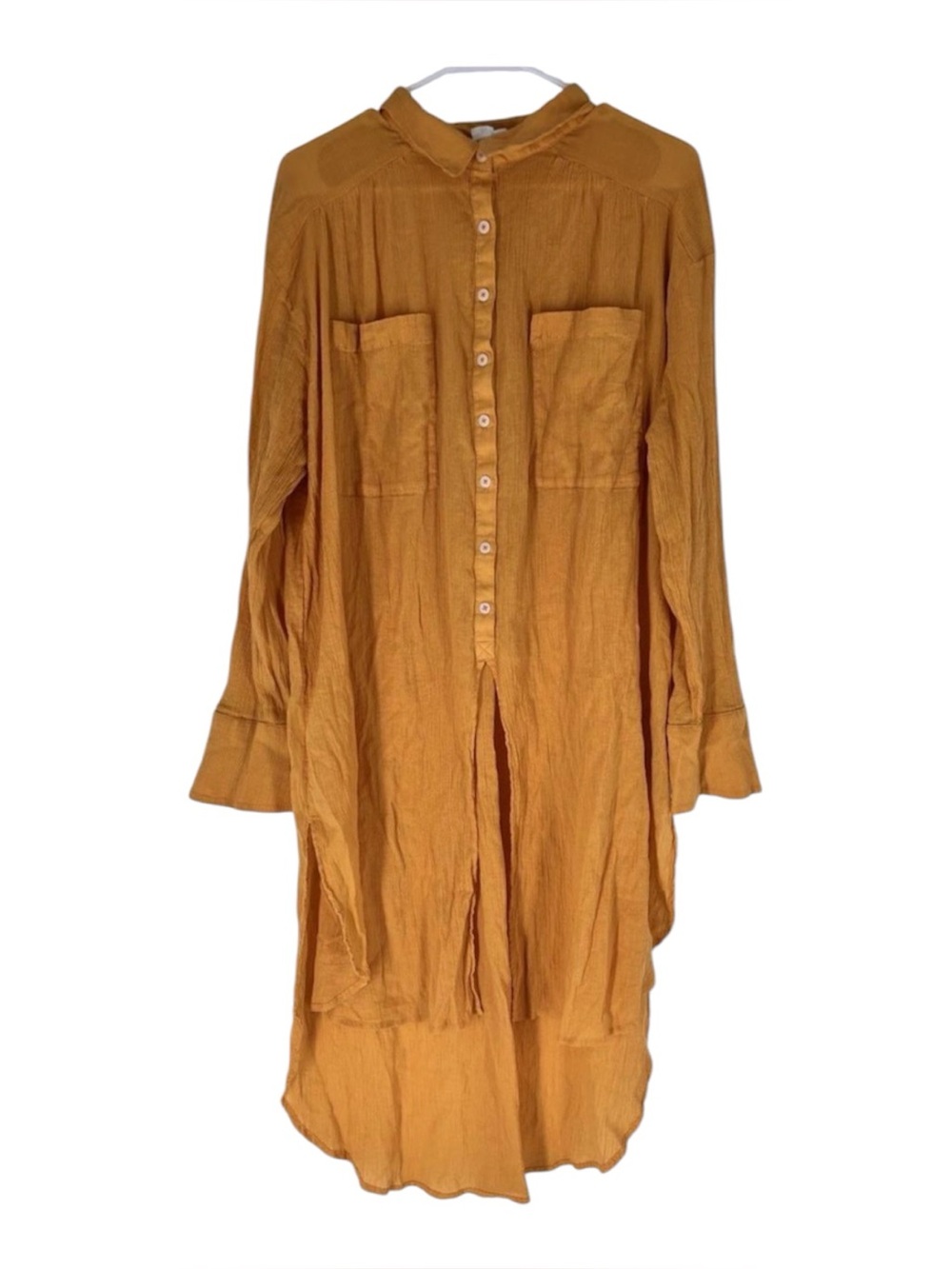 Anthropologie Gauze Duster Tunic Shirt  XL Button Front Mango Yellow High-Low - Picture 5 of 6